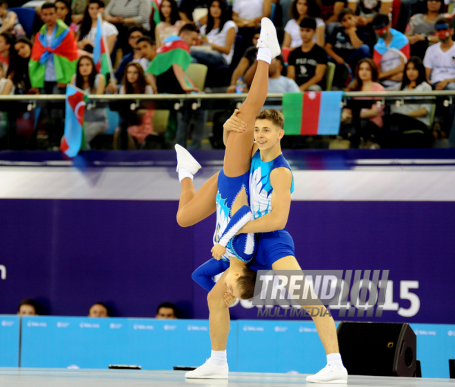 Avropa Oyunlarında aerobika gimnastikası üzrə qarışıq cütlüklərin təsnifat yarışları. Bakı, Azərbaycan, 17 iyun 2015 